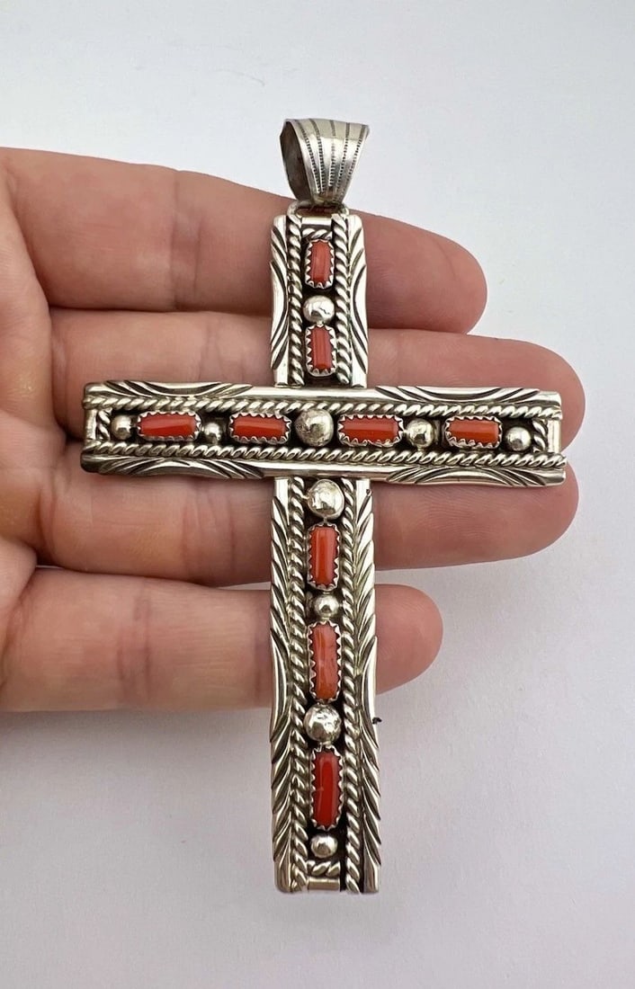 HUGE VINTAGE NAVAJO STERLING SILVER NATURAL RED CORAL CROSS PENDANT 4 1/8": HUGE Vintage NAVAJO Sterling Silver Natural Red Coral Cross Pendant 4 1/8" Size: 4 1/8" Tall With bail By Over 2 1/2" Wide Metal: Sterling Silver Weight is 28.0 Grams on my scale Natural Red Coral Gem