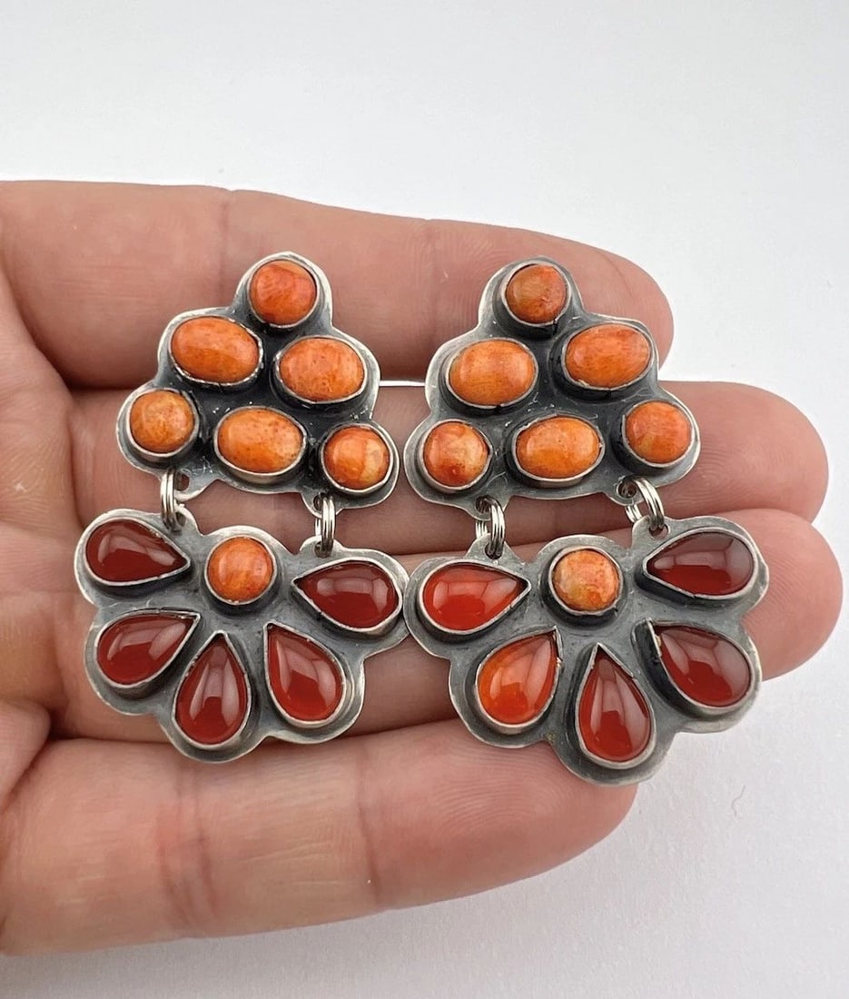 ROCKI GORMAN NAVAJO KEE COOK STERLING SILVER CORAL & CARNELIAN CLUSTER EARRINGS: Rocki Gorman NAVAJO Kee Cook Sterling Silver Orange Sponge Coral & Carnelian Cluster Earrings Size: Over 2" Tall With Dangle & 1 1/4" Wide at The Base Weight is 20.4 Grams on my scale Test Positive Fo