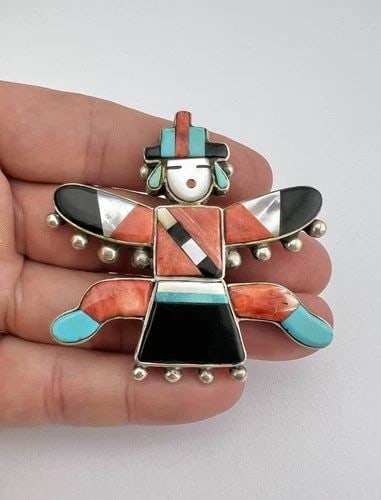 VINTAGE ZUNI STERLING SILVER FLUSH MULTI GEMSTONE KNIFEWING PIN PENDANT 2.5" (1 of 2)