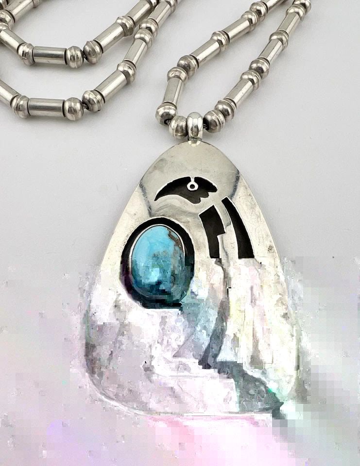 HOPI TRIBAL STERLING SILVER BENCH BEAD BISBEE TURQUOISE EAGLE PENDANT & NECKLACE (1 of 2)