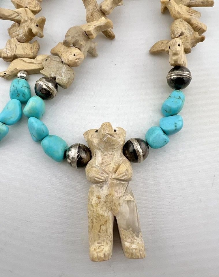 185G VTG SANTO DOMINGO STERLING CARVED MULTI GEM HEISHI FETISH BEAR NECKLACE 32" (1 of 2)