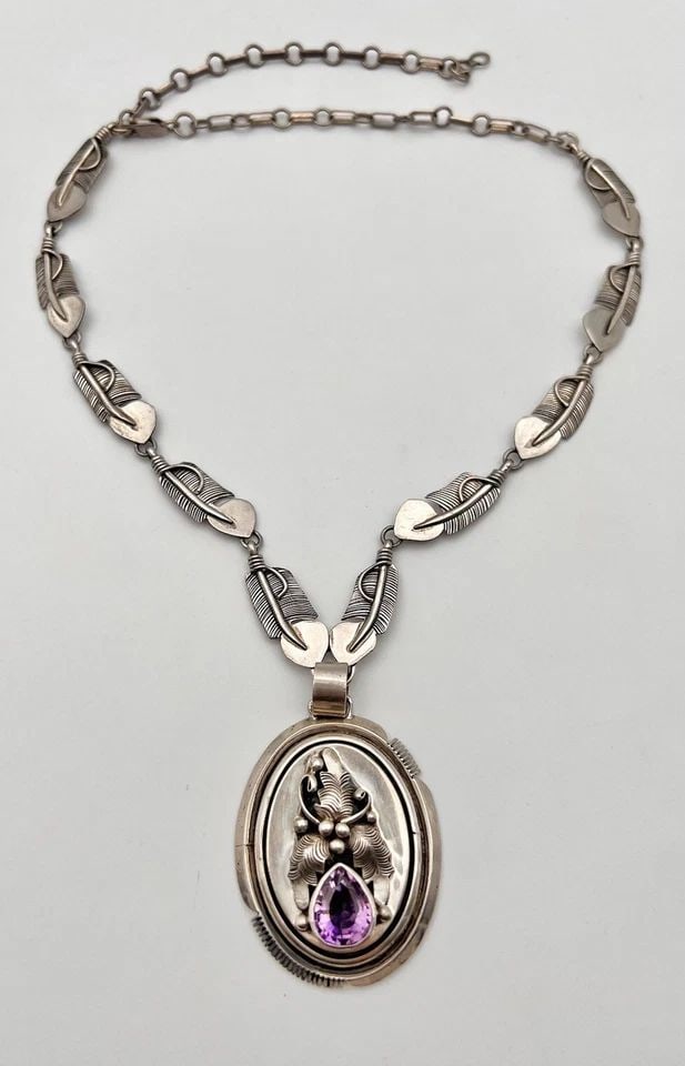 VINTAGE NAVAJO STERLING SILVER AMETHYST & LEAF LINK PENDANT NECKLACE 20.5" (1 of 2)