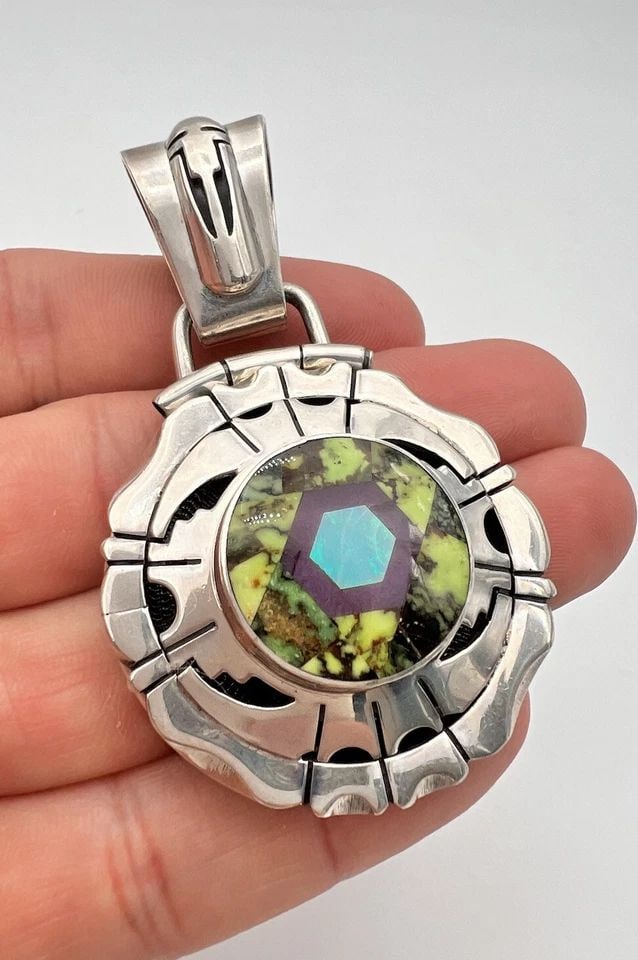 VTG JERRY J NELSON NAVAJO STERLING SILVER TURQUOISE & OPAL WATCH LOCKET PENDANT: Vtg Jerry J Nelson Navajo Sterling Silver Turquoise & Opal Watch Locket Pendant Size: 2 7/8" Tall by 1 5/8" Wide Weight is 63.3 Grams on my scale Test Positive For Sterling Silver In Great Condition, 