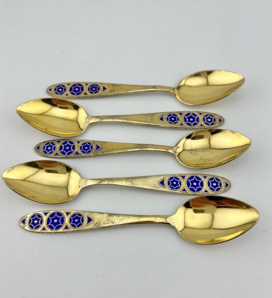 (5) VINTAGE RUSSIAN SOVIET 875 GILT GOLD SILVER BLUE ENAMEL SPOONS 76.6G (1 of 2)