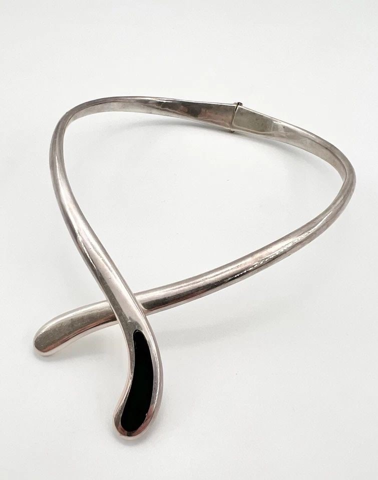 VTG MODERNIST MEXICO STERLING SILVER ONYX HINGED COLLAR BIB NECKLACE 119G SIGNED (1 of 2)