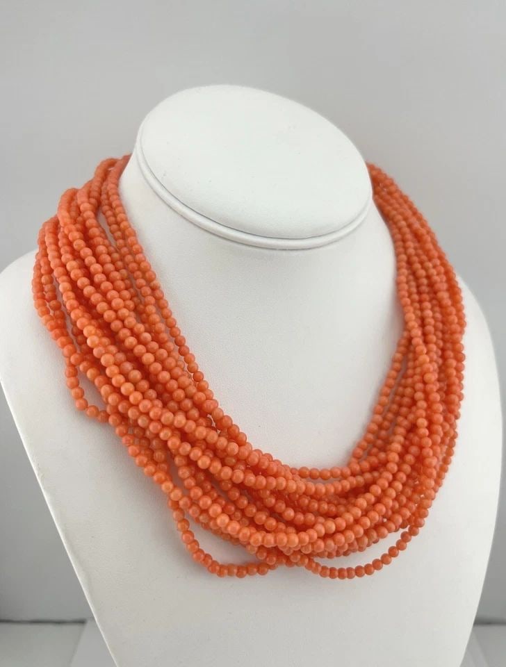 VINTAGE STERLING SILVER SALMON CORAL 3.5MM BEAD 16 STRAND NECKLACE 19" 143.2G: VINTAGE STERLING SILVER SALMON CORAL 3.5MM BEAD 16 STRAND NECKLACE 19" 143.2G Vintage Sterling Silver Salmon Coral 3.5mm Bead 16 Strand Necklace 19" 143.2g Size: 19" Long Tp to Tip Metal: Sterling Sil