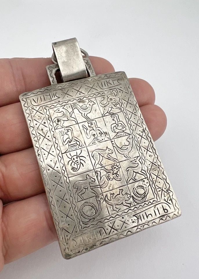 EARLY EGYPTIAN REVIVAL LOW GRADE SILVER ZAR AMULET HIEROGLYPHIC ENGRAVED PENDANT (1 of 2)
