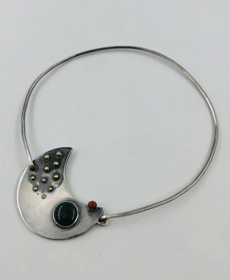 MODERNIST ABSTRACT PAM KINETIC STERLING SILVER 14K GOLD CORAL MALACHITE NECKLACE: MODERNIST ABSTRACT PAM KINETIC STERLING SILVER 14K GOLD CORAL MALACHITE NECKLACE Vtg Modernist Abstract PAM Kinetic Sterling Silver 14k Gold Coral Malachite Necklace Size: 16" Around Approx Weight is 