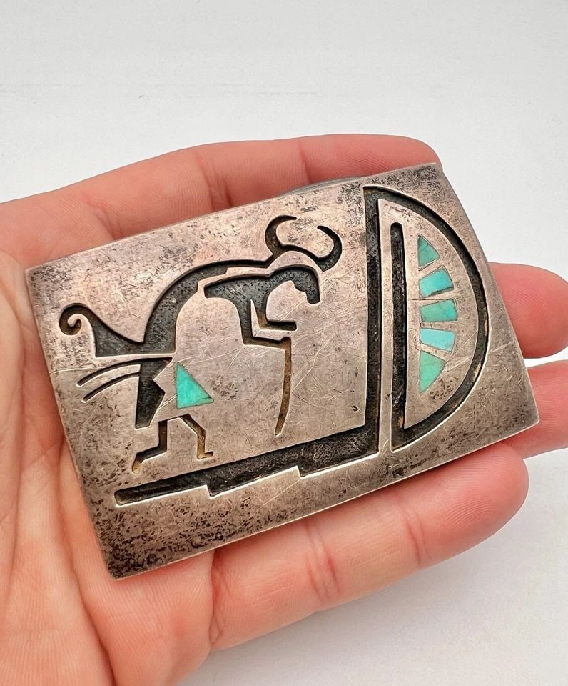 VTG HOPI STERLING SILVER & TURQUOISE BULL TRIBAL DESIGN OVERLAY BELT BUCKLE 3" (1 of 2)