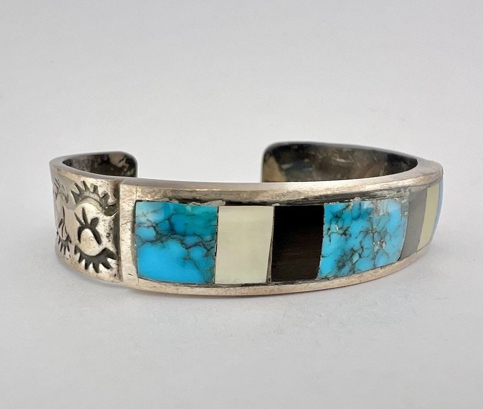 SANTO DOMINGO NATIVE AMERICAN STERLING SILVER MULTI GEM ROW INLAY CUFF BRACELET (1 of 2)