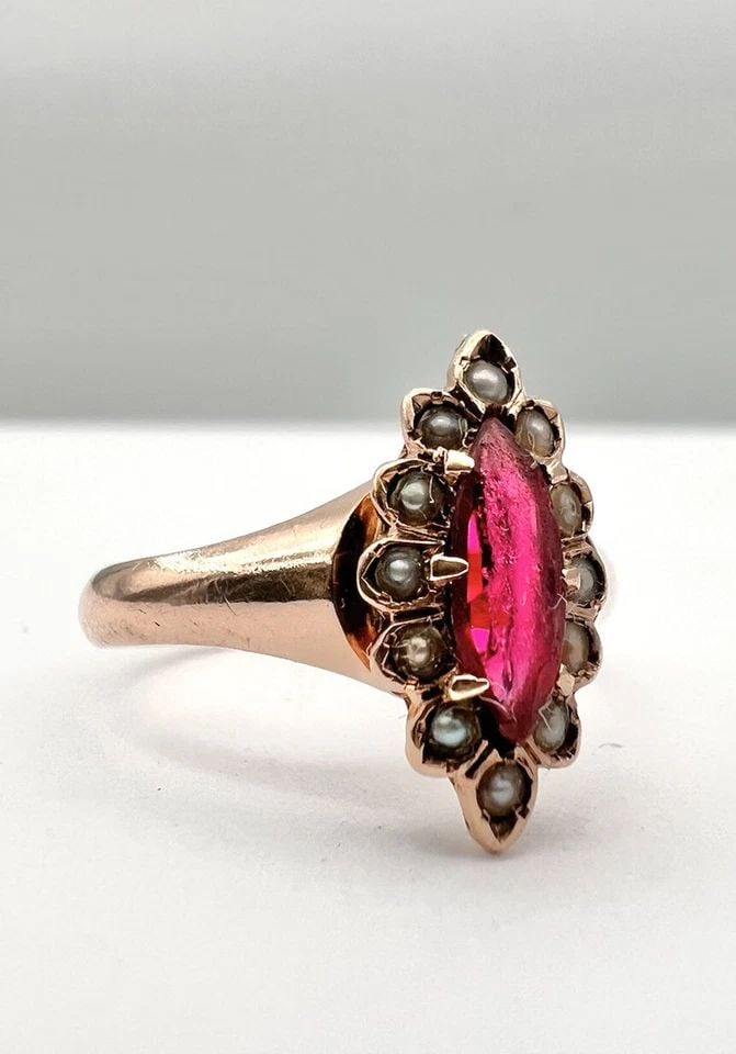 ANTIQUE VICTORIAN 14K ROSE GOLD RED SYNTHETIC RUBY & SEED PEARL RING: Antique Victorian 14K Rose Gold Red Synthetic Ruby & Seed Pearl Ring Size: 6.25 - Can Be Resized Up Without Damaging Weight is 2.3 Grams on my scale Metal: Test Around 14k Rose Gold Amazing Old French