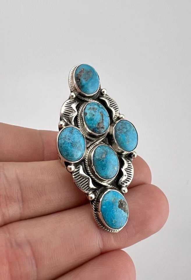GERALDINE JAMES NAVAJO STERLING SILVER KINGMAN TURQUOISE STAMPED RING 2 1/8" (1 of 2)