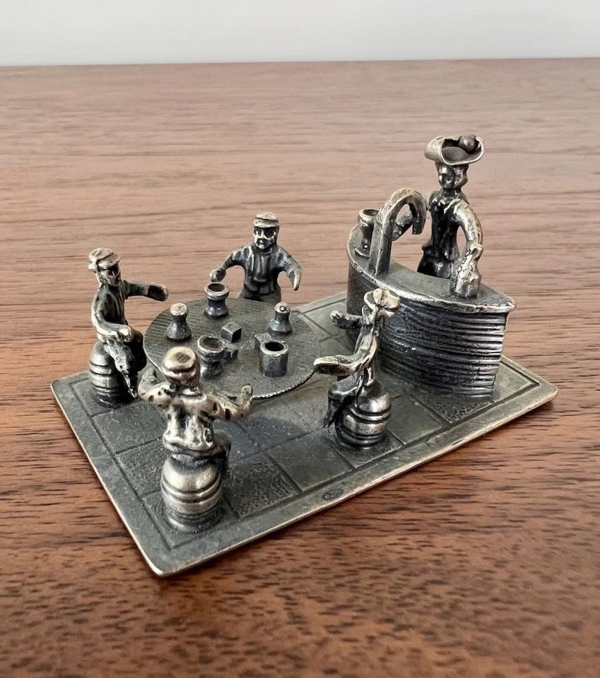 ANTIQUE STERLING MINIATURE DOLLHOUSE 3D STANDING BAR DRINKING SCENE SCULPTURE: ANTIQUE STERLING MINIATURE DOLLHOUSE 3D STANDING BAR DRINKING SCENE SCULPTURE Antique Sterling Silver Miniature Dollhouse 3D Standing Bar Drinking Scene Sculpture Size: 2 1/8" Wide by 1 1/4" Deep & 1 