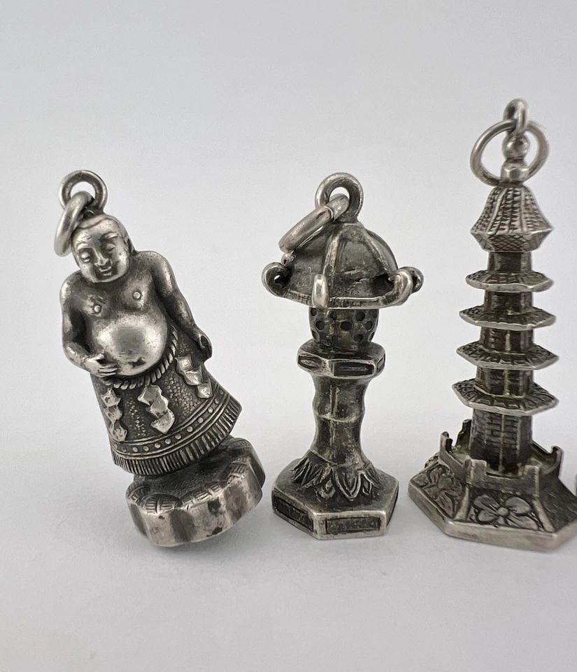 5 - ANTIQUE OLD CHINESE SILVER BUDDHA TEMPLE GODS CHARM PENDANT SET: 5 - ANTIQUE OLD CHINESE SILVER BUDDHA TEMPLE GODS CHARM PENDANT SET 5 - Antique Old Chinese Silver Buddha Temple Gods Charm Pendant Set Metal: Sterling Silver Size: Range from 1" Tall to 1 1/2" Tall W