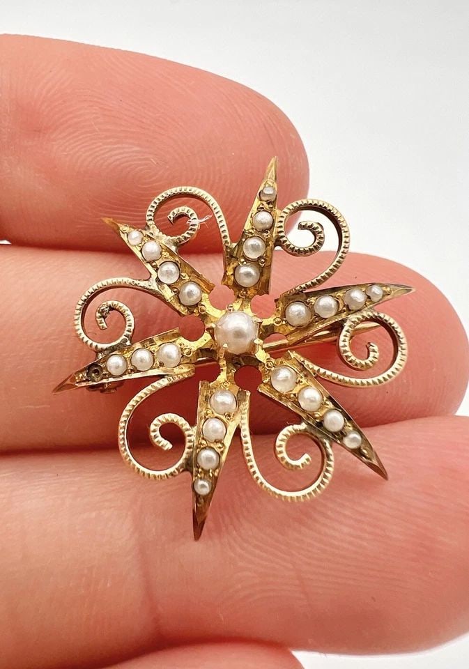 ANTIQUE VICTORIAN 10K YELLOW GOLD SEED PEARL SUN STAR PIN BROOCH (1 of 2)