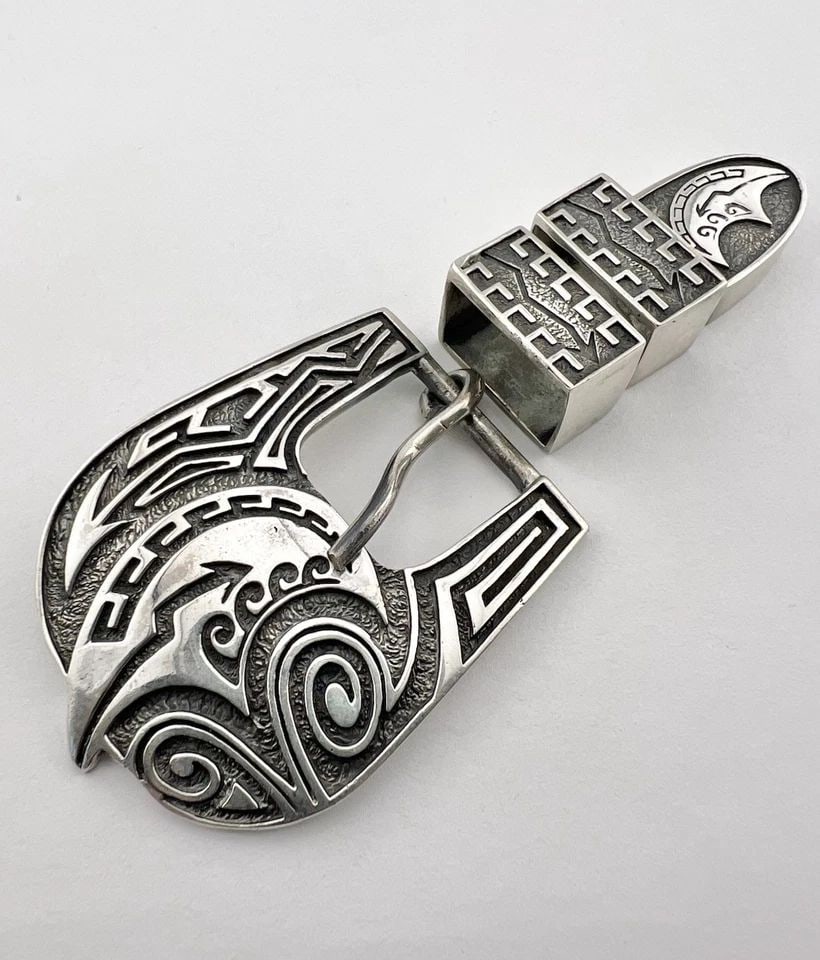 VTG NAVAJO STERLING SILVER STAMPED BEAR OVERLAY 4 PIECE RANGER BELT BUCKLE 65.5G (1 of 2)