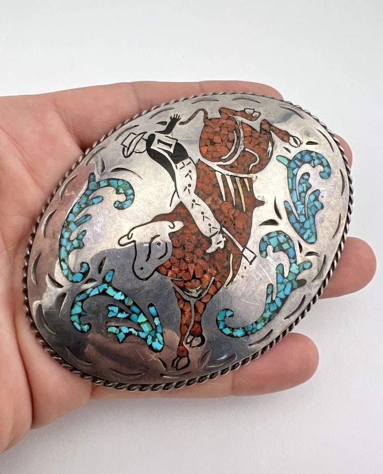 4" NAVAJO STERLING SILVER CHIP INLAY TURQUOISE CORAL COWBOY RODEO BELT BUCKLE: 4" NAVAJO STERLING SILVER CHIP INLAY TURQUOISE CORAL COWBOY RODEO BELT BUCKLE HUGE 4" Vintage Navajo Sterling Silver Chip Inlay Turquoise Coral Cowboy Rodeo Belt Buckle Size: 4" Wide By About 3" Tall 