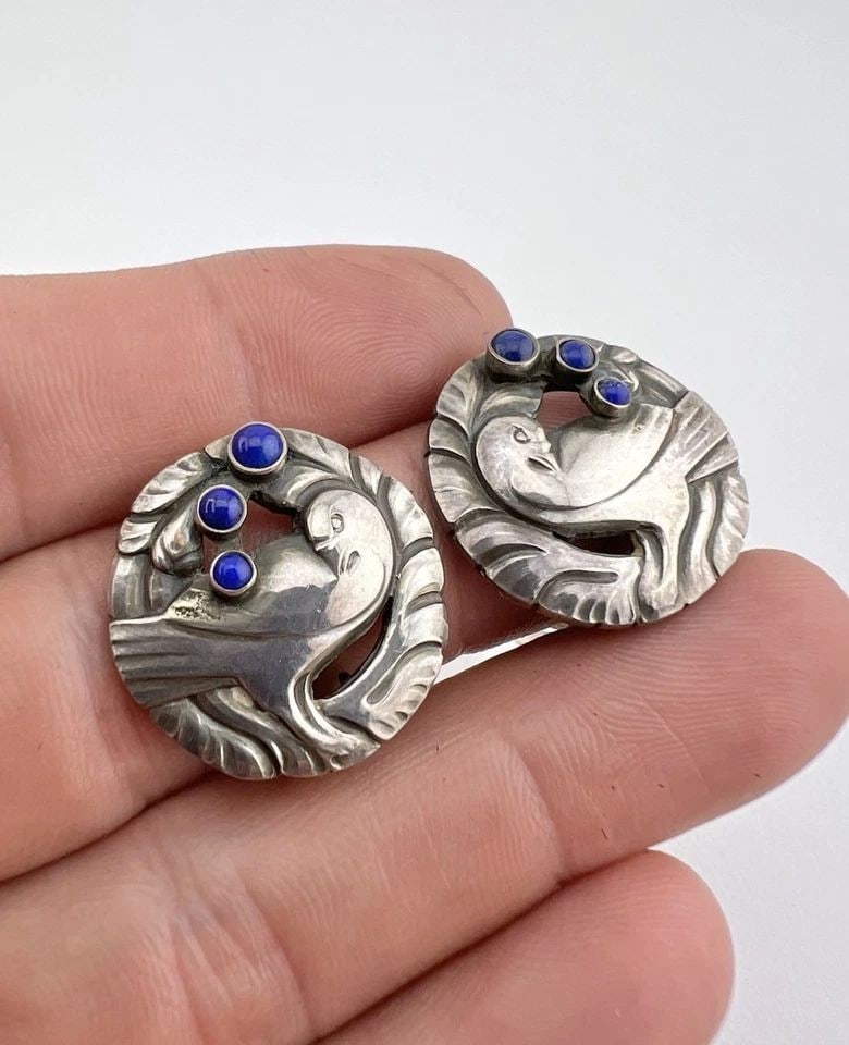 GEORG JENSEN DENMARK STERLING SILVER NATURAL LAPIS LAZULI CLIP ON EARRINGS #66 (1 of 2)