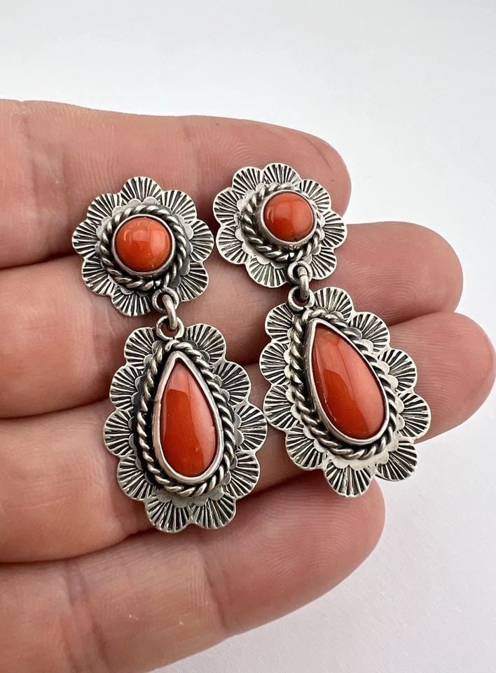 FEDERICO JIMENEZ STERLING SILVER RED CORAL STAMPED DANGLE POST EARRINGS: FEDERICO JIMENEZ STERLING SILVER RED CORAL STAMPED DANGLE POST EARRINGS FEDERICO JIMENEZ Sterling Silver RED CORAL Stamped Dangle Post EARRINGS Size: 1 3/4" Tall & 3/4" Wide Weight is 12.3 Grams on my