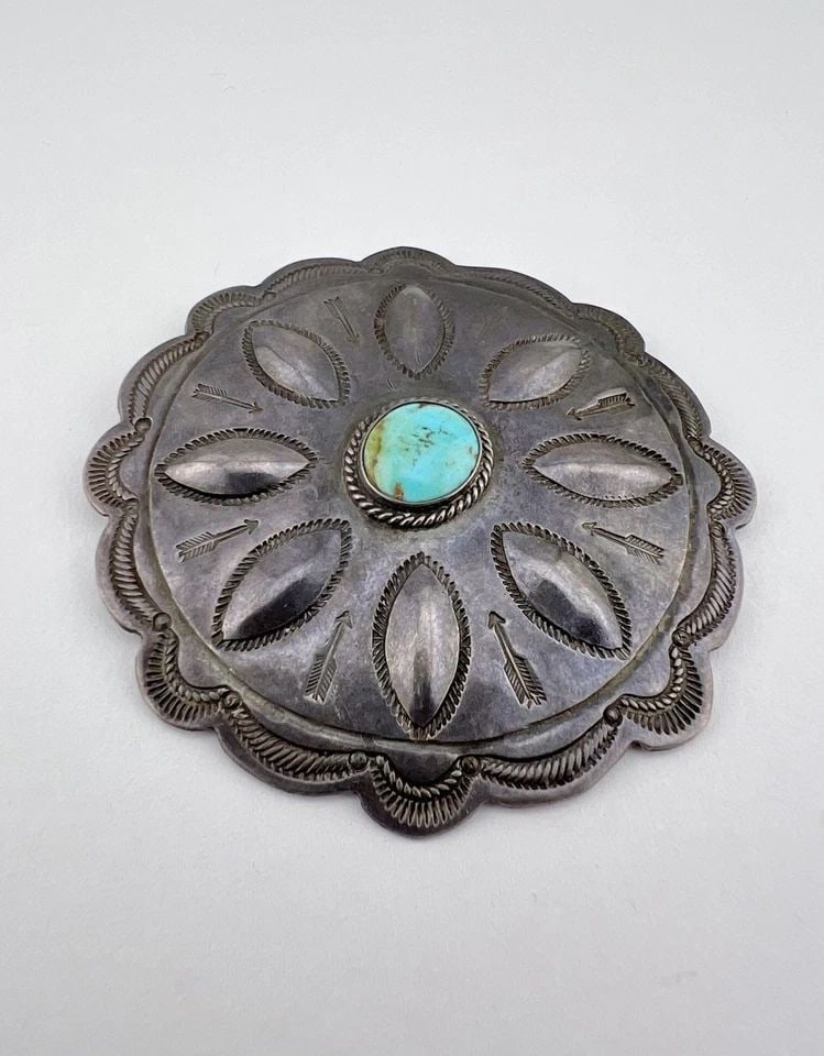 HUGE OLD NAVAJO COIN SILVER CHISELED STAMPED TURQUOISE ARROW PIN BROOCH 2 5/8" (1 of 2)