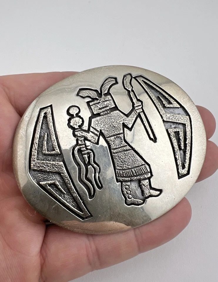 BERNICE BONNEY NAVAJO STERLING SILVER RAIN DANCER OVERLAY BELT BUCKLE 3"- 64.3G (1 of 2)
