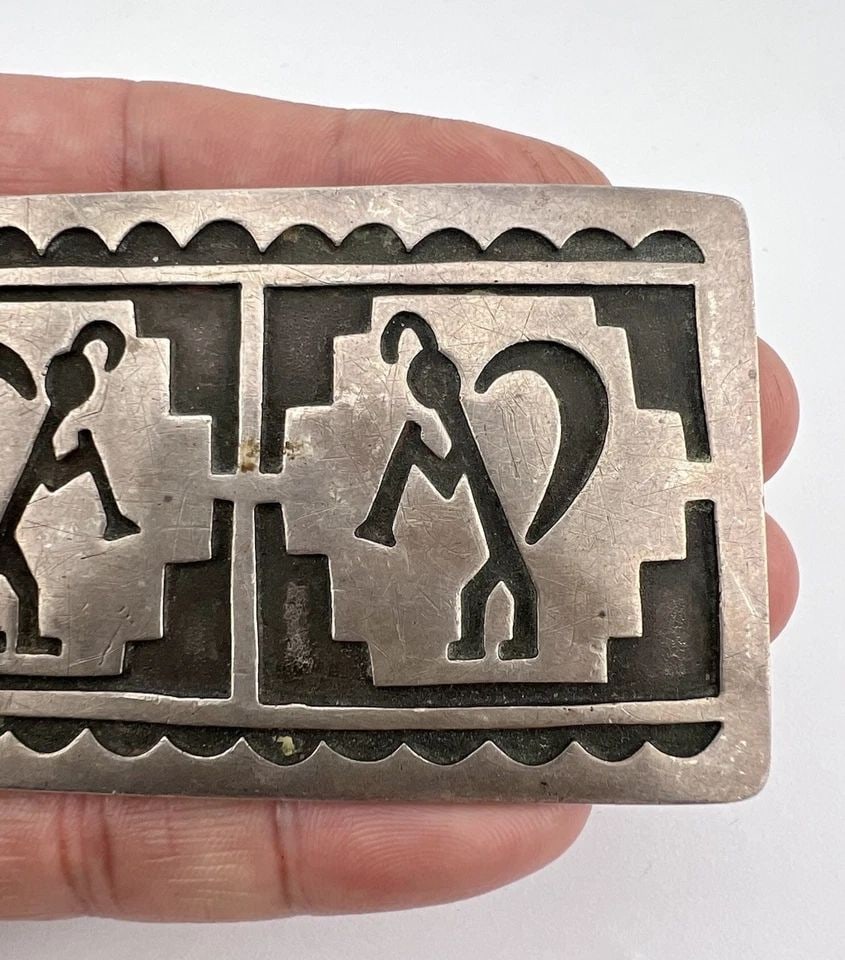 VINTAGE HOPI STERLING SILVER KOKOPELLI OVERLAY BELT BUCKLE 3 3/8"-50.8G (1 of 2)