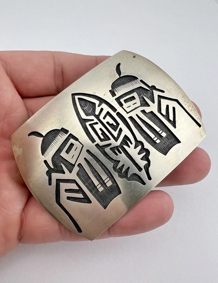 VTG HOPI STERLING SILVER MUDMAN KACHINA FEATHER OVERLAY BELT BUCKLE 3" -43.5G (1 of 2)
