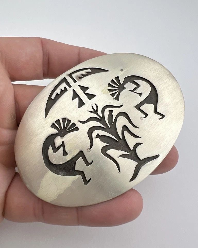 VTG HOPI STERLING SILVER KOKOPELLI & CORN STALK OVERLAY BELT BUCKLE 3.25"-42.8G (1 of 2)