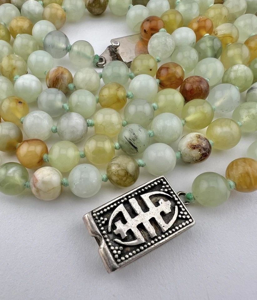 ANTIQUE CHINESE STERLING SILVER MULTI COLOR NEPHRITE JADE BALL LONG NECKLACE 57" (1 of 2)