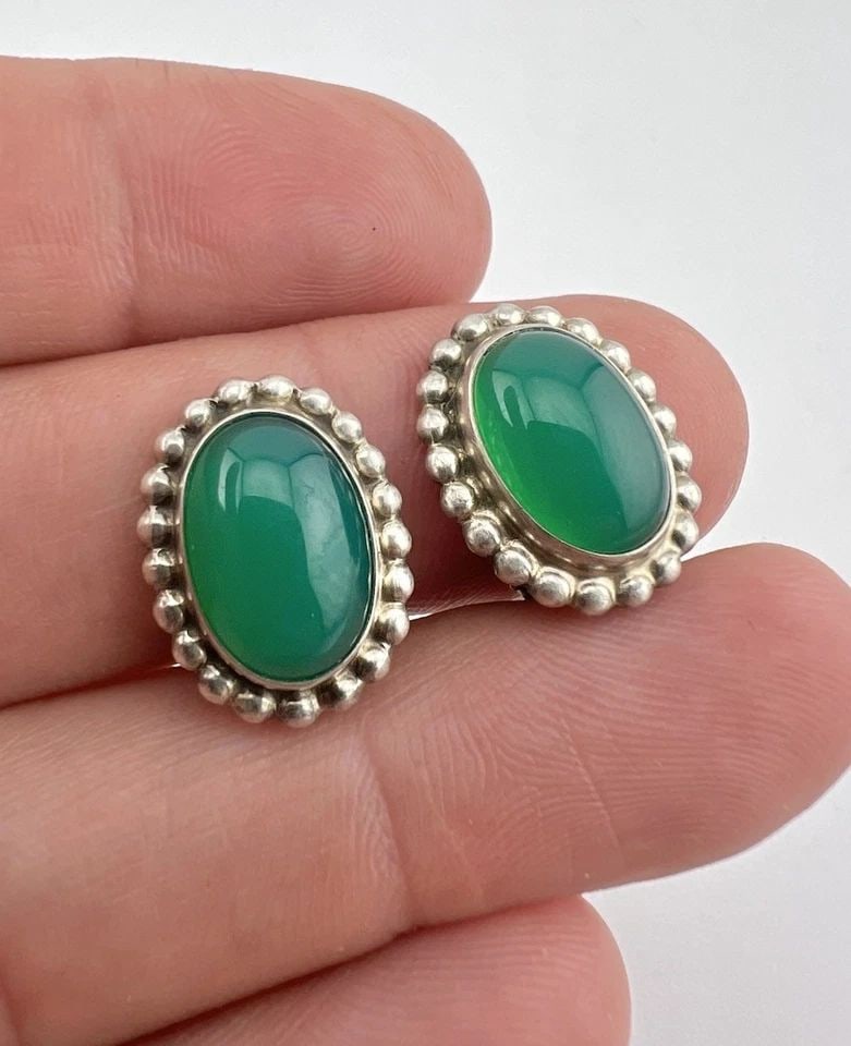 GEORG JENSEN DENMARK STERLING SILVER NATURAL GREEN CHALCEDONY CLIP EARRINGS #59 (1 of 2)