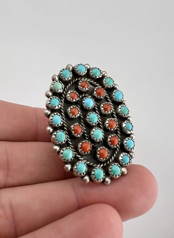 HUGE VTG ZUNI STERLING SILVER PETIT POINT SNAKE EYE TURQUOISE CORAL WOMEN'S RING: HUGE Vtg Zuni Sterling Silver Petit Point Snake Eye Turquoise & Coral Women's Ring Ring Size - 8 Weight is 12.7 Grams on my scale Metal: Sterling Silver Face of The Ring is 1 5/8" Tall In the Center B