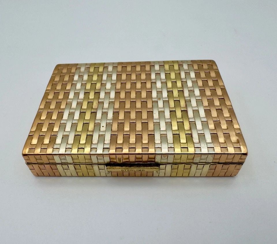 VINTAGE TRI COLOR STERLING SILVER WOVEN POWDER COMPACT CASE 99.6G (1 of 2)