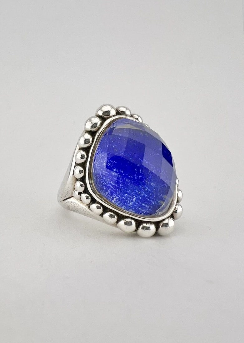 LAGOS CAVIAR MAYA STERLING SILVER CAVIAR BLUE QUARTZ DOME RING SIZE 8.5: LAGOS CAVIAR MAYA STERLING SILVER CAVIAR BLUE QUARTZ DOME RING SIZE 8.5 Ring Size: 8.5 - Can Be Resized Weight is 19.6 Grams on my scale Test Positive For Sterling Silver Ring is 1 1/8" (26mm) Tall In