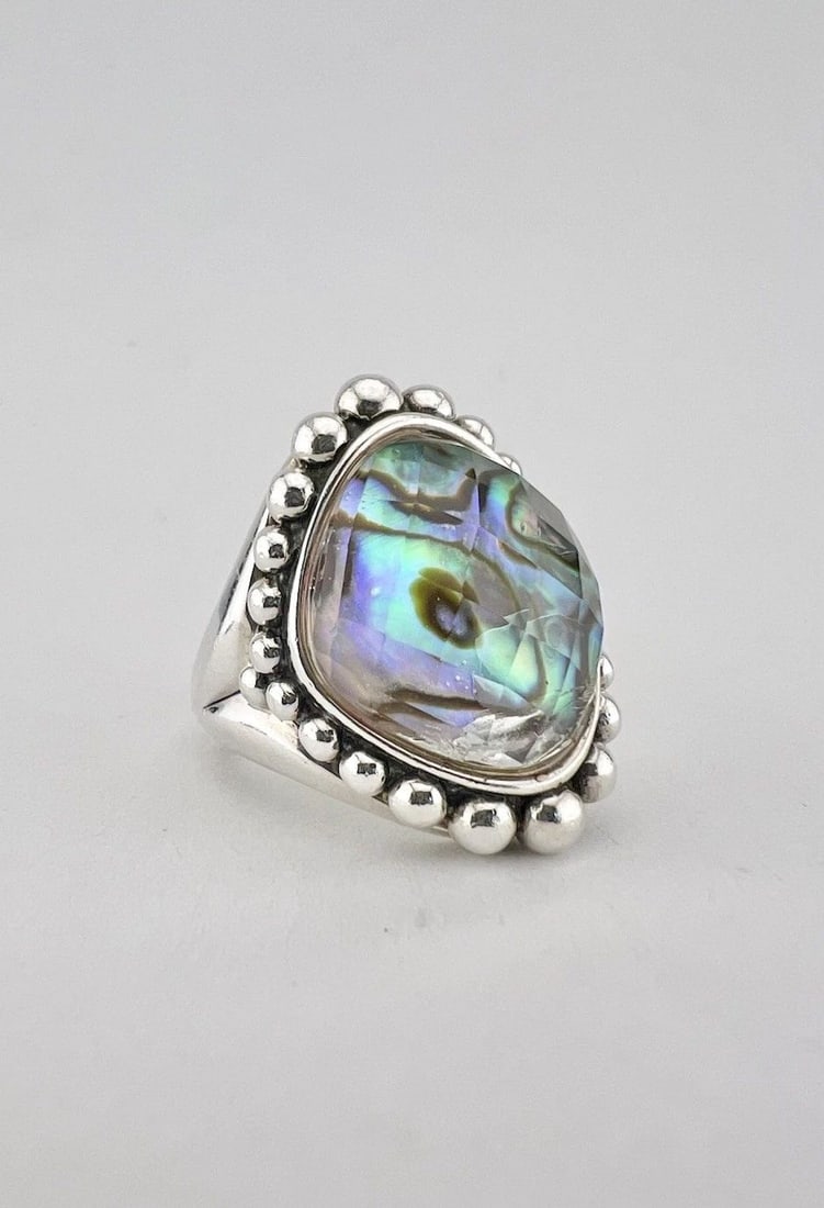 LAGOS MAYA STERLING SILVER CAVIAR ABALONE DOME RING SIZE 8.25: LAGOS MAYA STERLING SILVER CAVIAR ABALONE DOME RING SIZE 8.25 Ring Size: 8.25- Can Be Resized Weight is 19.4 Grams on my scale Test Positive For Sterling Silver Ring is 1 1/8" (27mm) Tall In the Cente