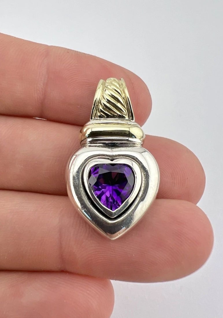 DAVID YURMAN STERLING SILVER & 14K GOLD AMETHYST HEART ENHANCER PENDANT: David Yurman Sterling Silver & 14k Gold Amethyst Heart Enhancer Pendant Size: 1 1/4" Tall With bail By 3/4" Wide Metal: Sterling Silver & 14k Yellow Gold Weight is 10.0 Grams on my scale Amazing Natur
