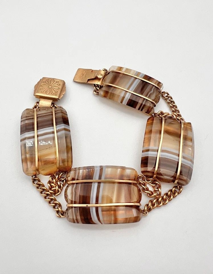 ANTIQUE VICTORIAN MIZPAH GOLD FILLED BANDED AGATE LINK BRACELET 7.25" (1 of 2)