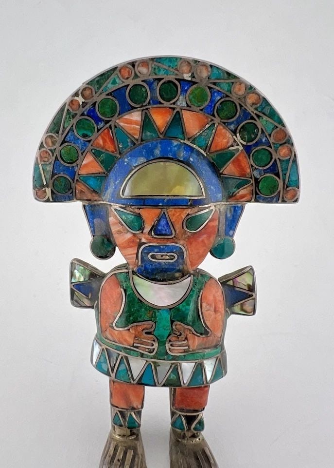 VTG MEXICO STERLING SILVER AZTEC MAYAN INDIAN WARRIOR MULTI GEMS FIGURINE STATUE (1 of 2)