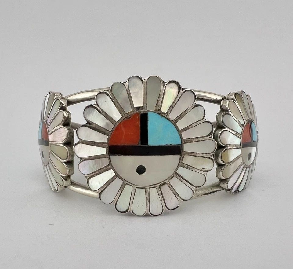 VTG DIXSON ZUNI STERLING SILVER TURQUOISE CORAL SUNFACE CUFF BRACELET & RING SET: VTG DIXSON ZUNI STERLING SILVER TURQUOISE CORAL SUNFACE CUFF BRACELET & RING SET Vtg Dixson Zuni Sterling Silver Turquoise & Coral & Mother Of Pearl Sunface Cuff Bracelet & Ring Set Cuff is 5" tip to 