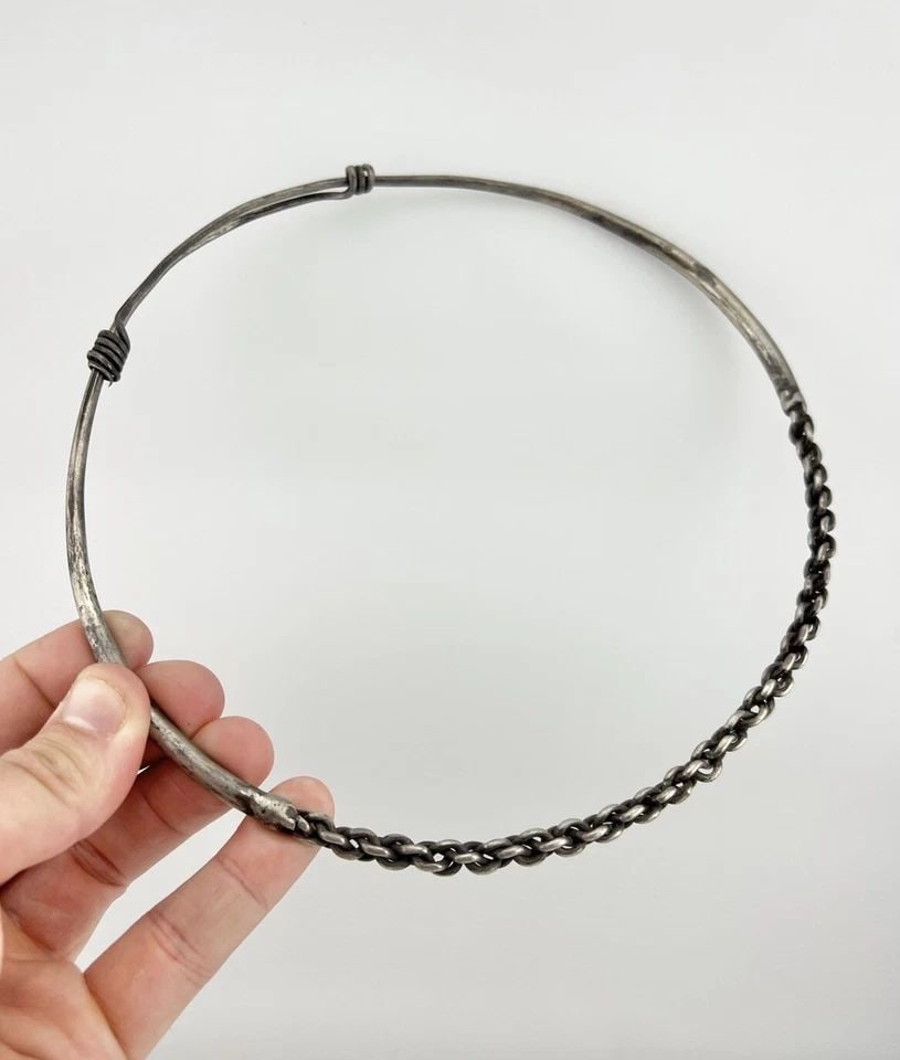 ANTIQUE CHINESE 90% SILVER ENGRAVED TRIBAL ROUND ADJUSTABLE ROPE NECKLACE 76.5G (1 of 2)