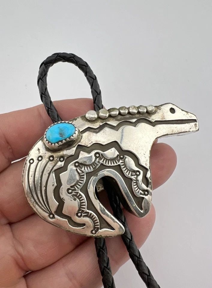 JERRY ROAN NAVAJO STERLING SILVER TURQUOISE OVERLAY STAMPED BEAR BOLO TIE 2 5/8" (1 of 2)