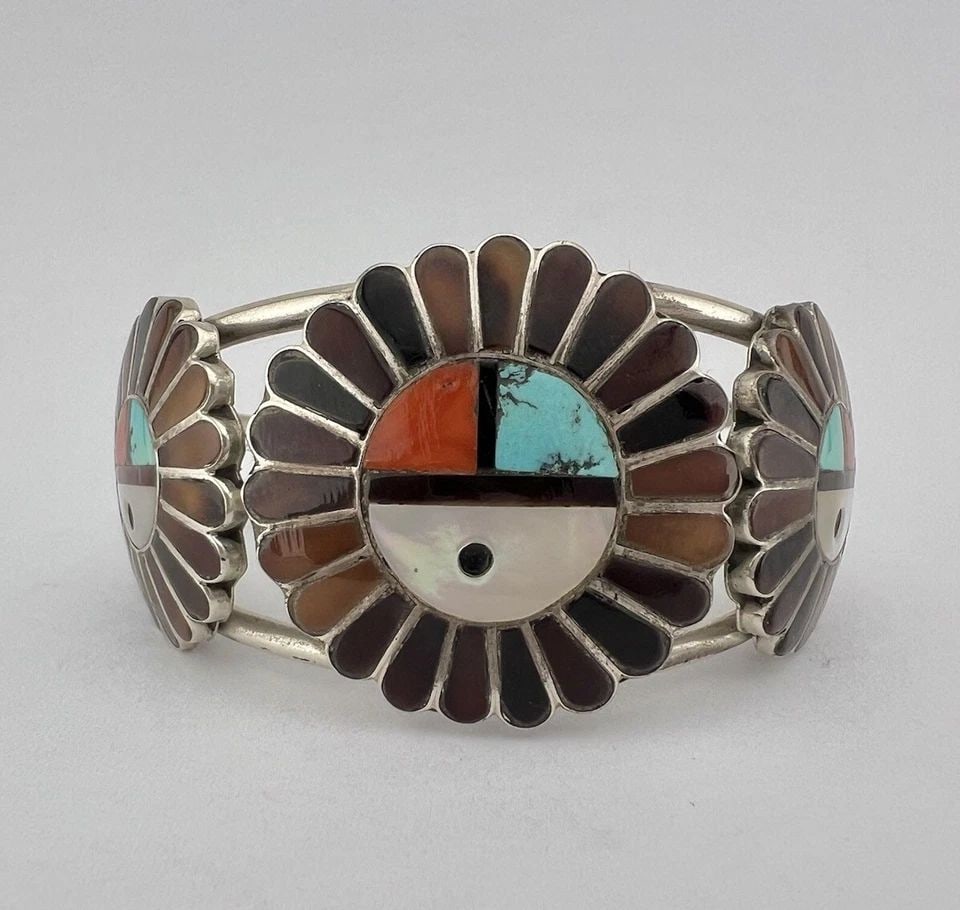VTG DIXSON ZUNI STERLING SILVER MULTI GEMSTONE SUNFACE CUFF BRACELET & RING SET (1 of 2)