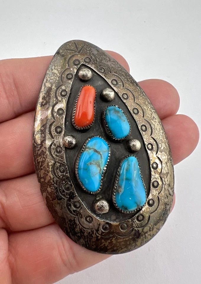 NAVAJO STERLING SILVER KINGMAN TURQUOISE CORAL STAMPED TEARDROP PENDANT 2.75": NAVAJO STERLING SILVER KINGMAN TURQUOISE CORAL STAMPED TEARDROP PENDANT 2.75" Vtg Navajo Sterling Silver Kingman Turquoise Coral Stamped Teardrop Pendant 2.75" Size: 2 3/4" Tall & 1 3/4" Wide Weight i