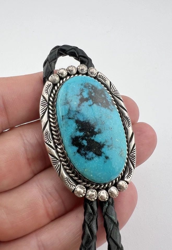 VTG VINCENT & NITA EDSITTY NAVAJO STERLING SILVER TURQUOISE STAMPED BOLO TIE 2" (1 of 2)