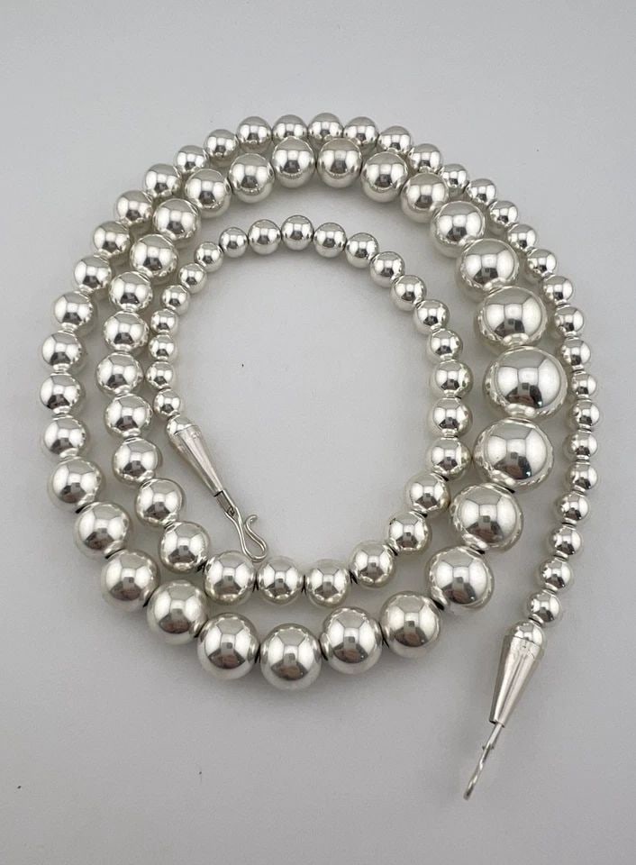 VTG NAVAJO STERLING SILVER 6-14MM PEARL BENCH BEAD GRADUATED NECKLACE 30"- 58.5G (1 of 2)