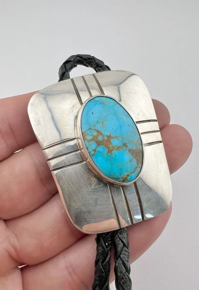 VINTAGE NAVAJO STERLING SILVER BLUE GEM TURQUOISE STAMPED RECTANGLE BOLO TIE 2" (1 of 2)