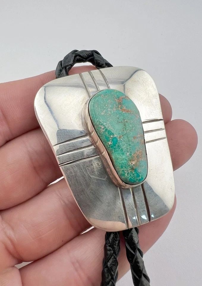 VINTAGE NAVAJO STERLING SILVER ROYSTON TURQUOISE STAMPED RECTANGLE BOLO TIE 2" (1 of 2)