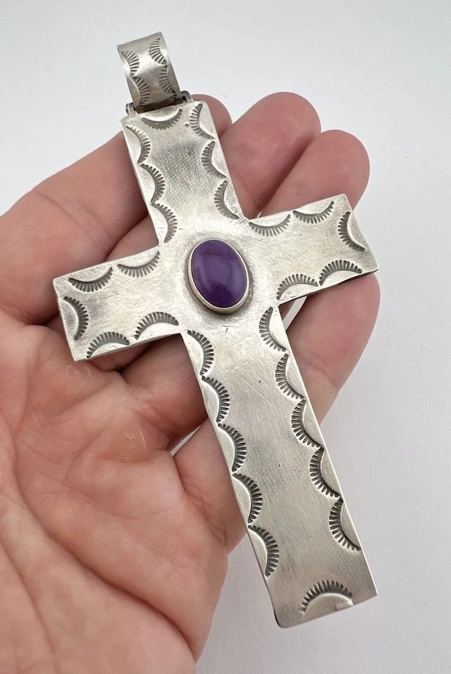 VTG ROBERT JONHSON NAVAJO STERLING SILVER SUGILITE STAMPED CROSS PENDANT 4.5" (1 of 2)