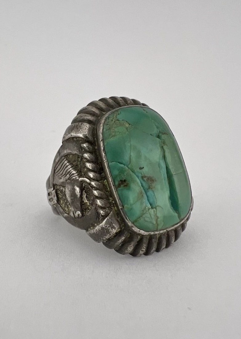 OLD NAVAJO INGOT STERLING SILVER DARK GREEN TURQUOISE HORSE MEN'S RING 19.5G (1 of 2)