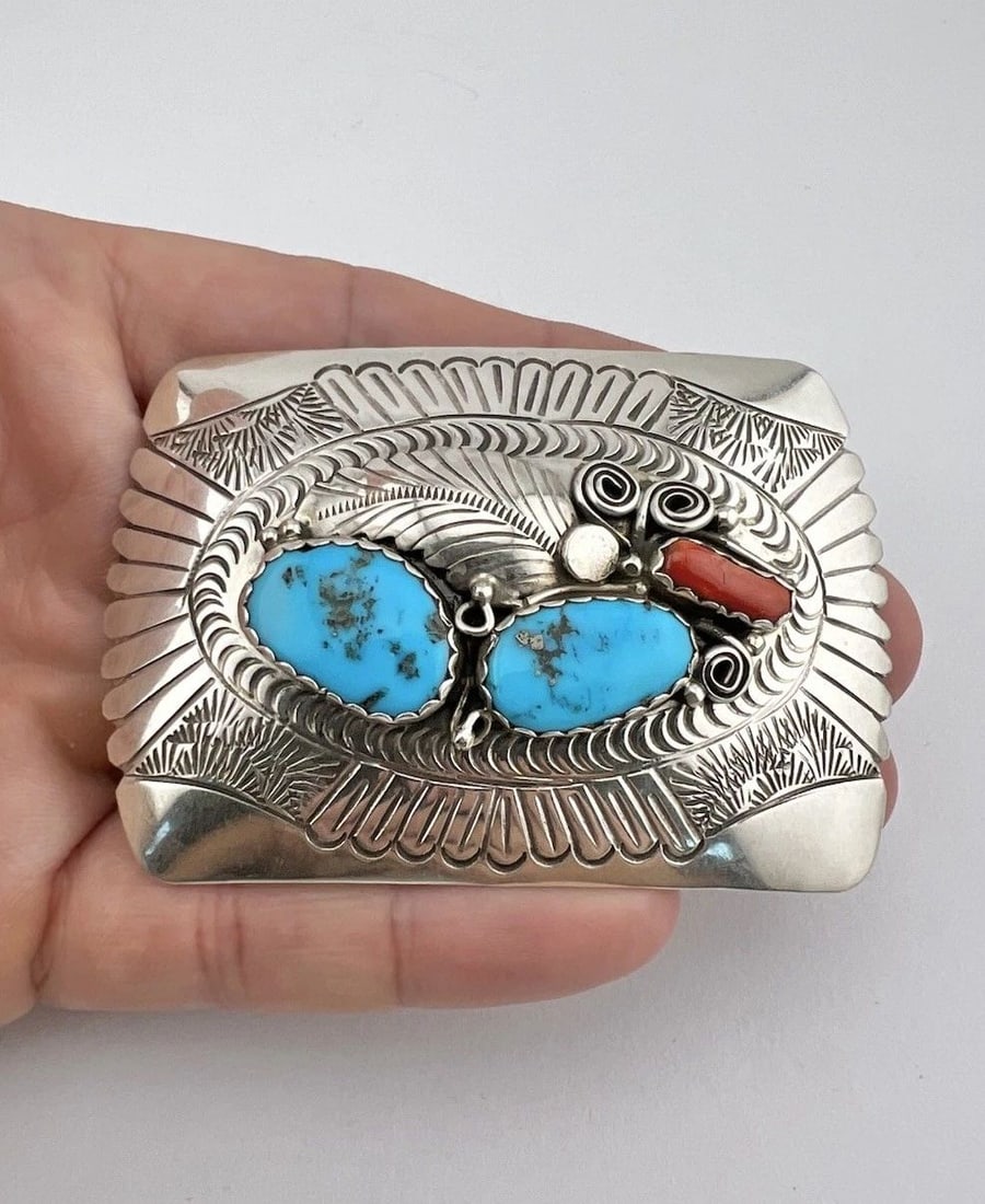 VINTAGE NAVAJO STERLING SILVER KINGMAN TURQUOISE & CORAL STAMPED BELT BUCKLE 3": Vintage Navajo Sterling Silver Kingman Turquoise & Coral Stamped Belt Buckle 3" Size: 3" Wide By 2" Tall Weight is 34.6 Grams on my scale Metal: Sterling Silver Amazing Stamped Design With a Natural K
