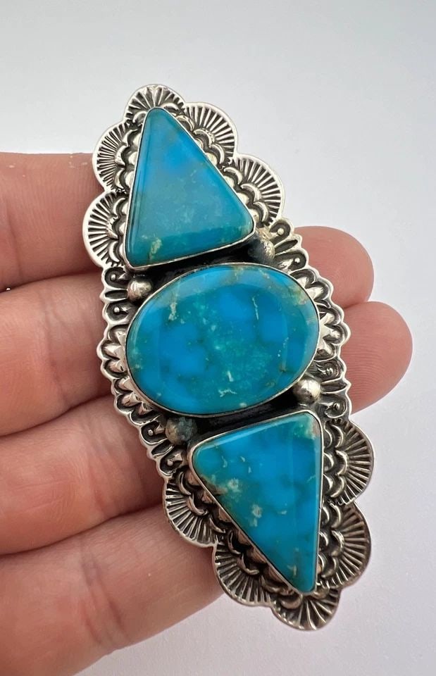 VINTAGE NAVAJO STERLING SILVER BLUE GEM TURQUOISE STAMPED PIN PENDANT 3 1/8" (1 of 2)